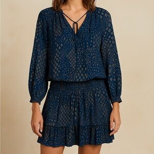 Current Air Aurelie Pleated Smocked Waist Mini Dress Rare Navy Gold Metallic S